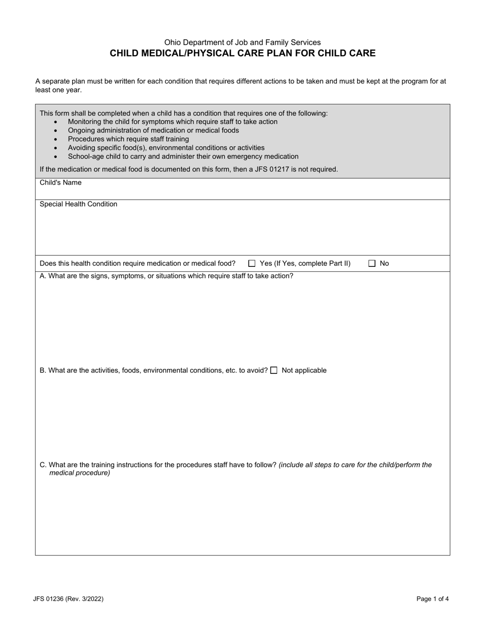 Form JFS01236 Child Medical / Physical Care Plan for Child Care - Ohio, Page 1