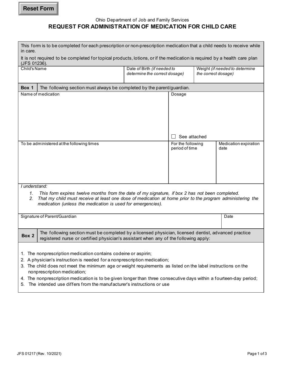 Form JFS01217 Request for Administration of Medication for Child Care - Ohio, Page 1