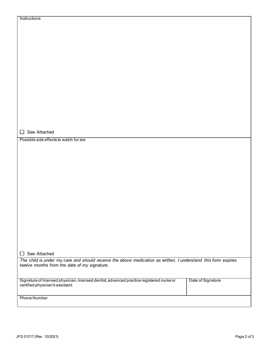Form JFS01217 Request for Administration of Medication for Child Care - Ohio, Page 2
