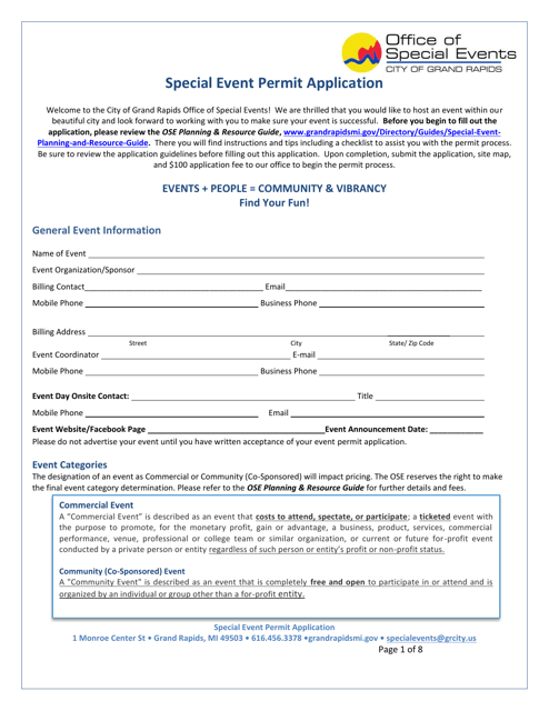 Special Event Permit Application - City of Grand Rapids, Michigan Download Pdf