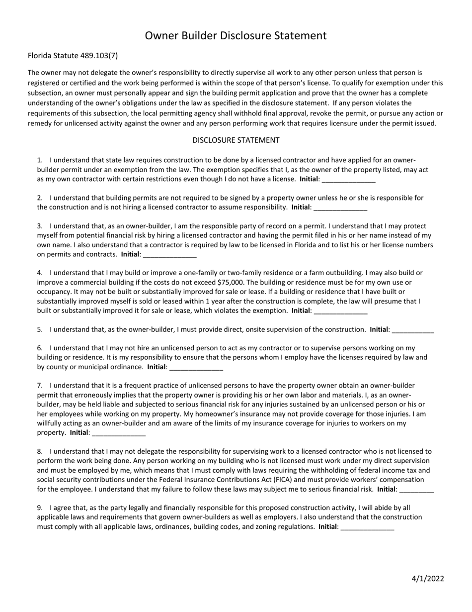 Volusia County, Florida Owner Builder Disclosure Statement Fill Out, Sign Online and Download