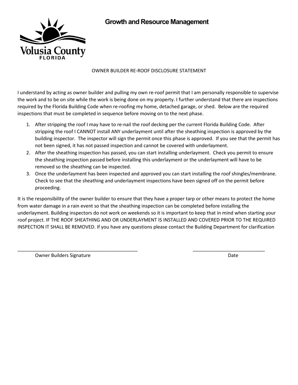 Owner Builder Re-roof Disclosure Statement - Volusia County, Florida, Page 1