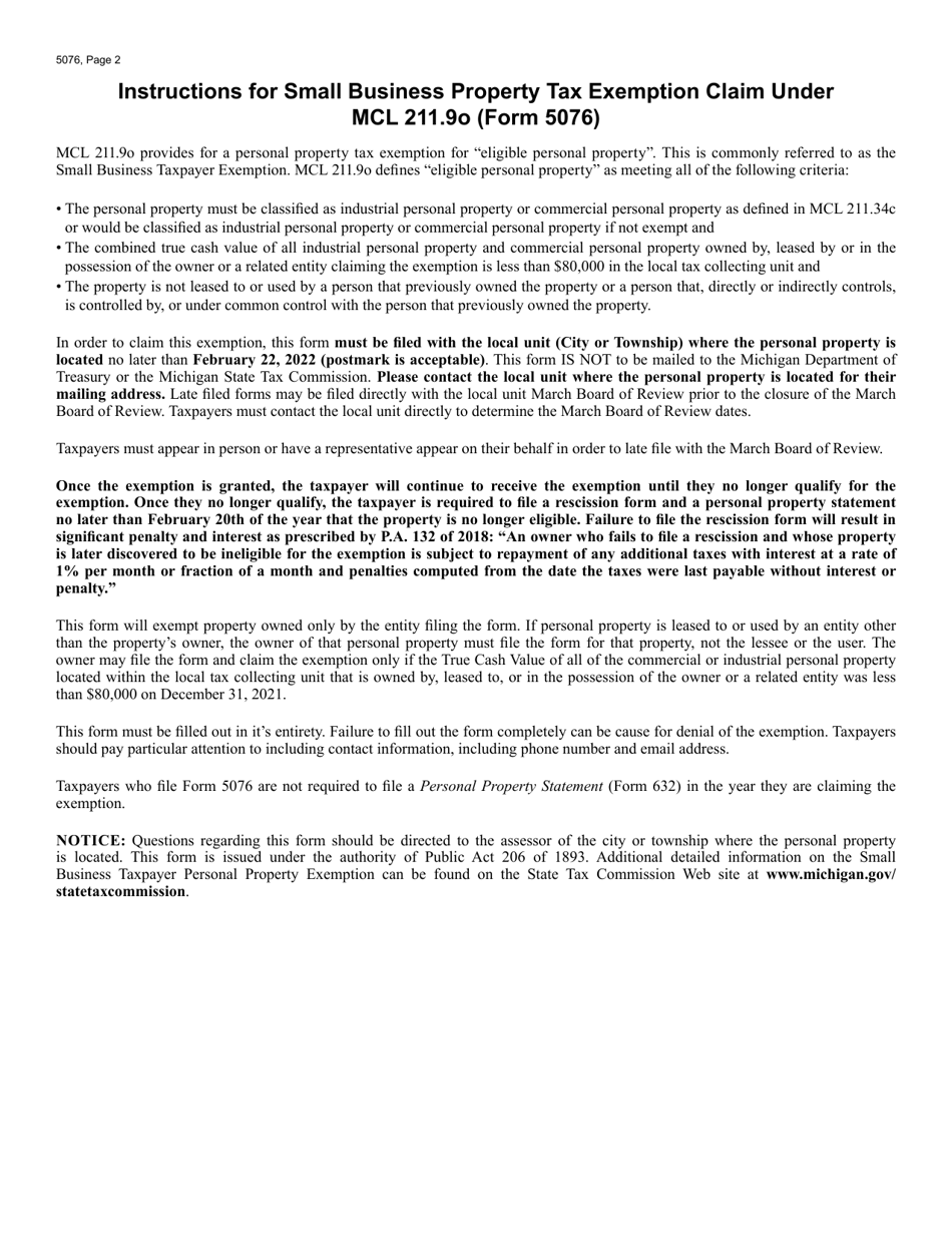 Form 5076 Small Business Property Tax Exemption Claim Under Mcl 211.9o - Michigan, Page 2