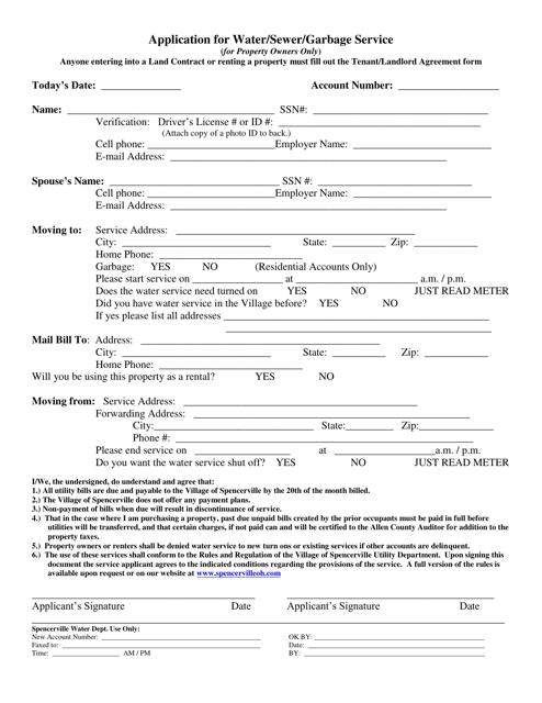 Application for Water/Sewer/Garbage Service (For Property Owners Only) - Village of Spencerville, Ohio
