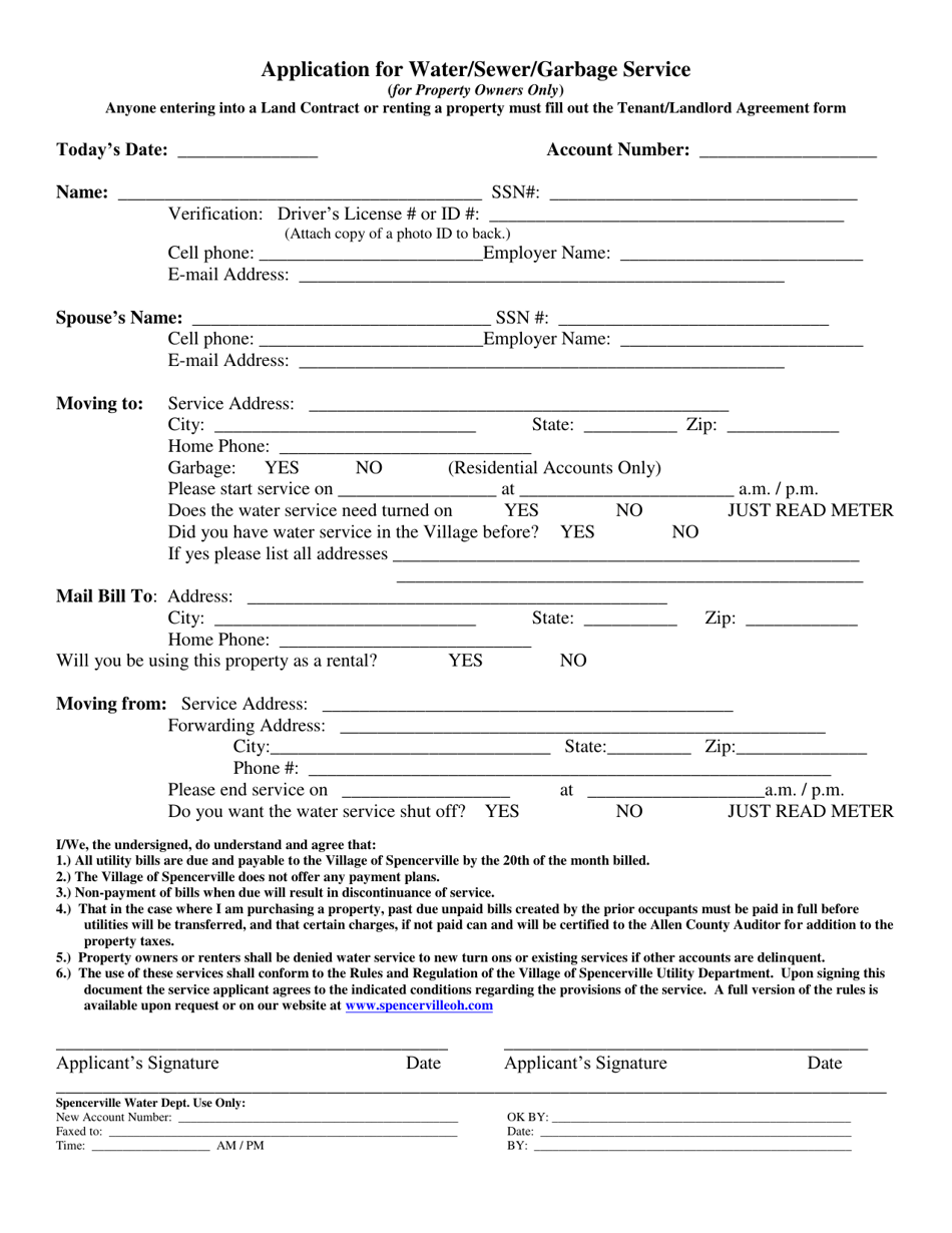 Application for Water / Sewer / Garbage Service (For Property Owners Only) - Village of Spencerville, Ohio, Page 1