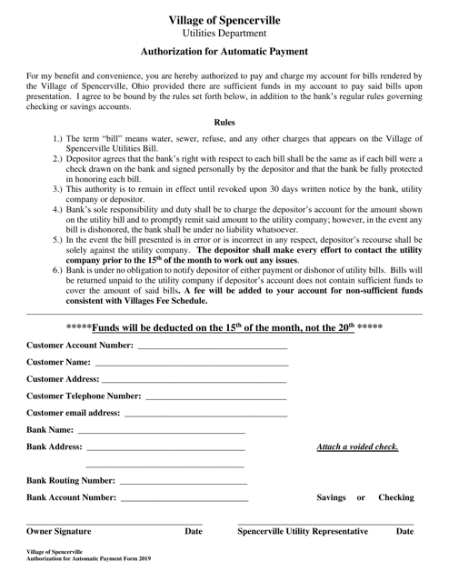 Authorization for Automatic Payment - Village of Spencerville, Ohio Download Pdf