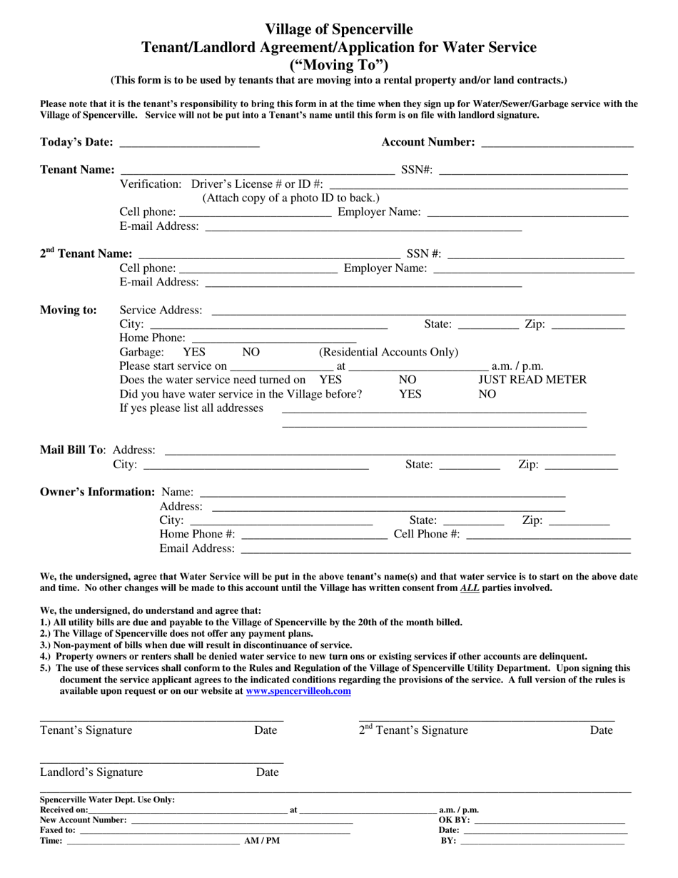 Tenant / Landlord Agreement / Application for Water Service (moving to) - Village of Spencerville, Ohio, Page 1