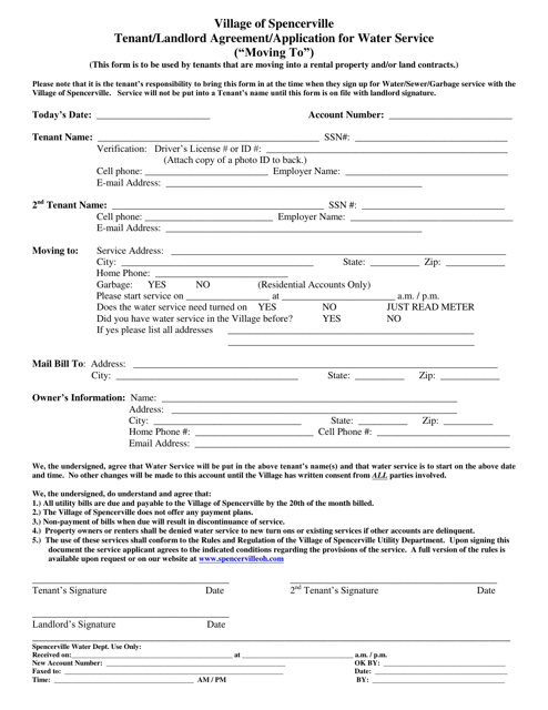 Tenant / Landlord Agreement / Application for Water Service ("moving to") - Village of Spencerville, Ohio Download Pdf