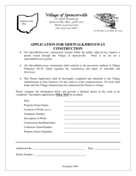 Document preview: Application for Sidewalk/Driveway Construction - Village of Spencerville, Ohio