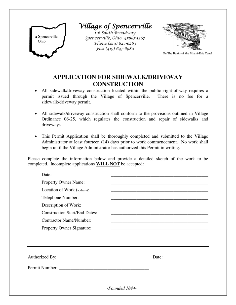 Application for Sidewalk / Driveway Construction - Village of Spencerville, Ohio, Page 1