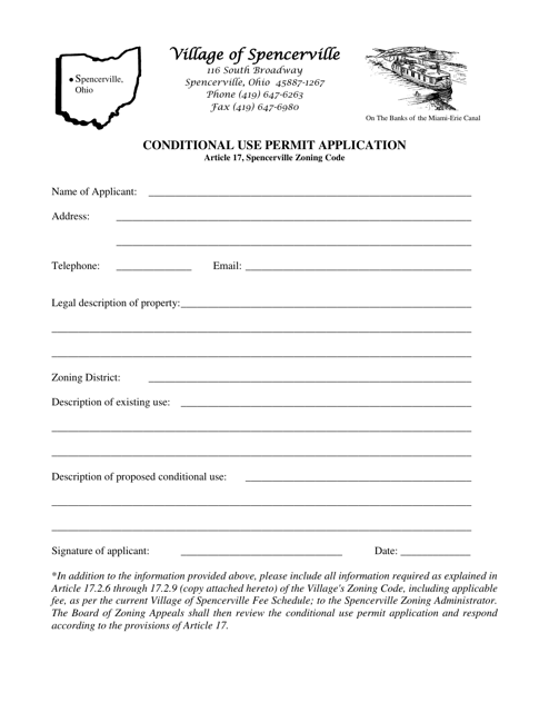 Conditional Use Permit Application - Village of Spencerville, Ohio Download Pdf