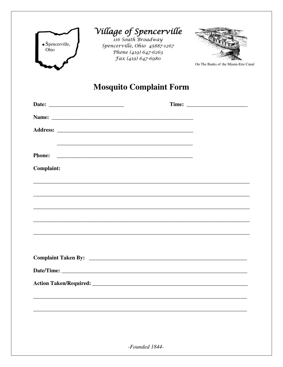 Mosquito Complaint Form - Village of Spencerville, Ohio, Page 1