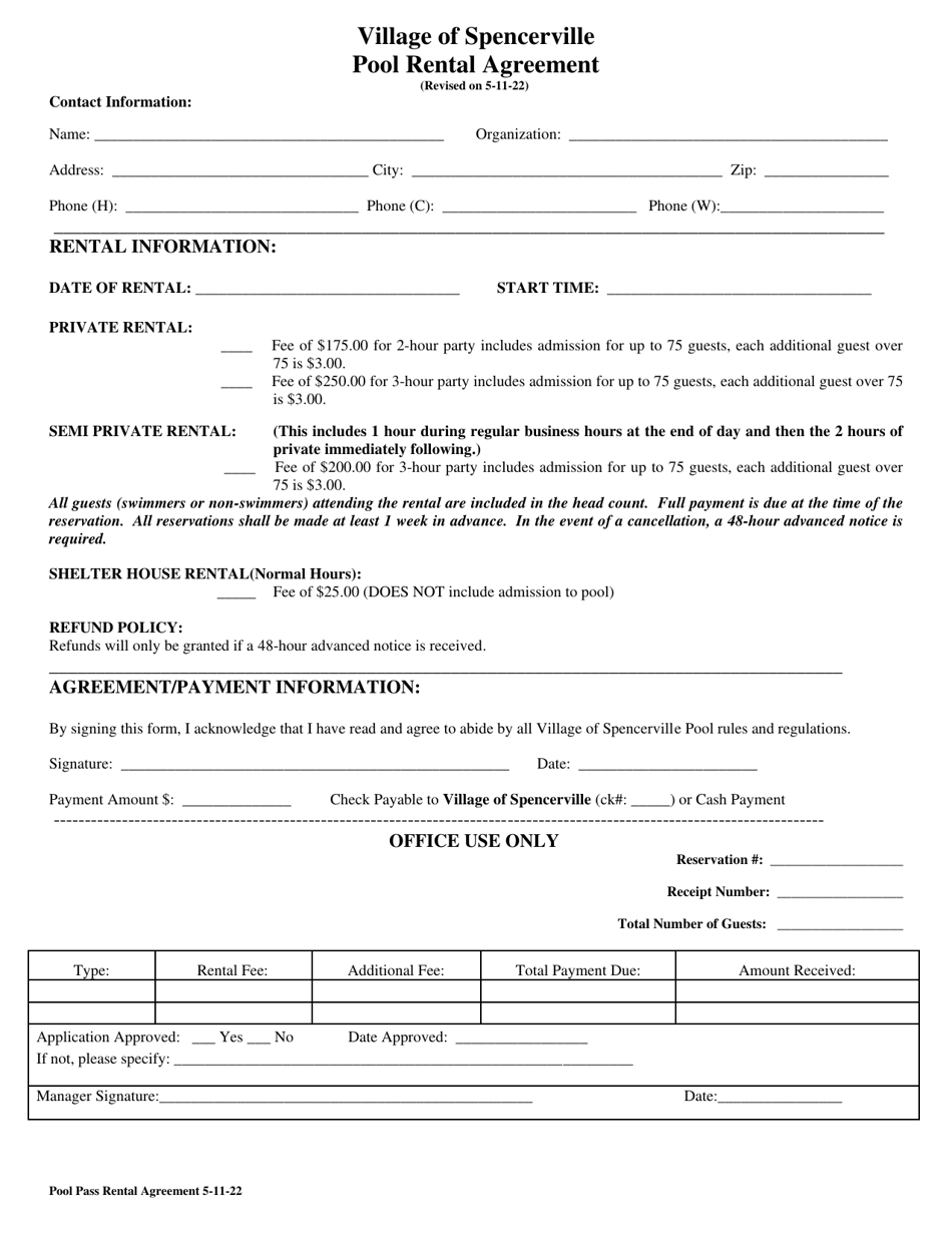 Pool Rental Agreement - Village of Spencerville, Ohio, Page 1