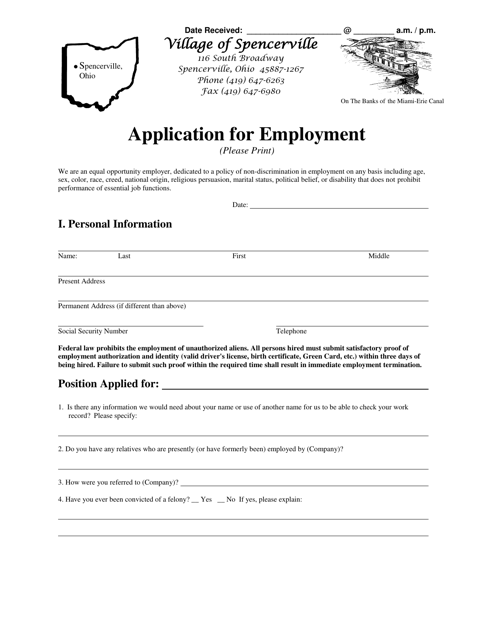 Application for Employment - Village of Spencerville, Ohio Download Pdf