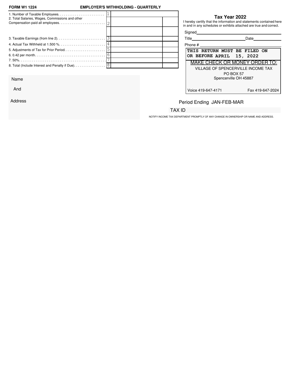 Form W1 1224 Employers Withholding - Quarterly - Village of Spencerville, Ohio, Page 1