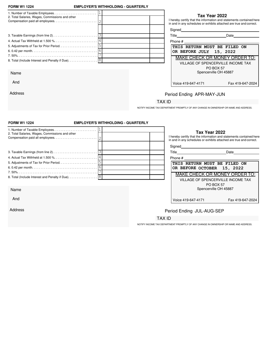 Form W1 1224 Employers Withholding - Quarterly - Village of Spencerville, Ohio, Page 2