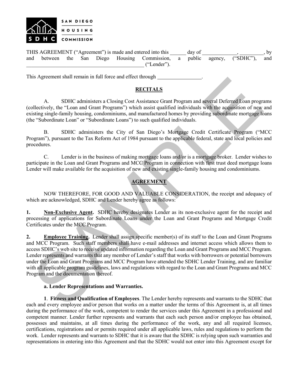 Lender Participation Agreement - Sample - City of San Diego, California, Page 1