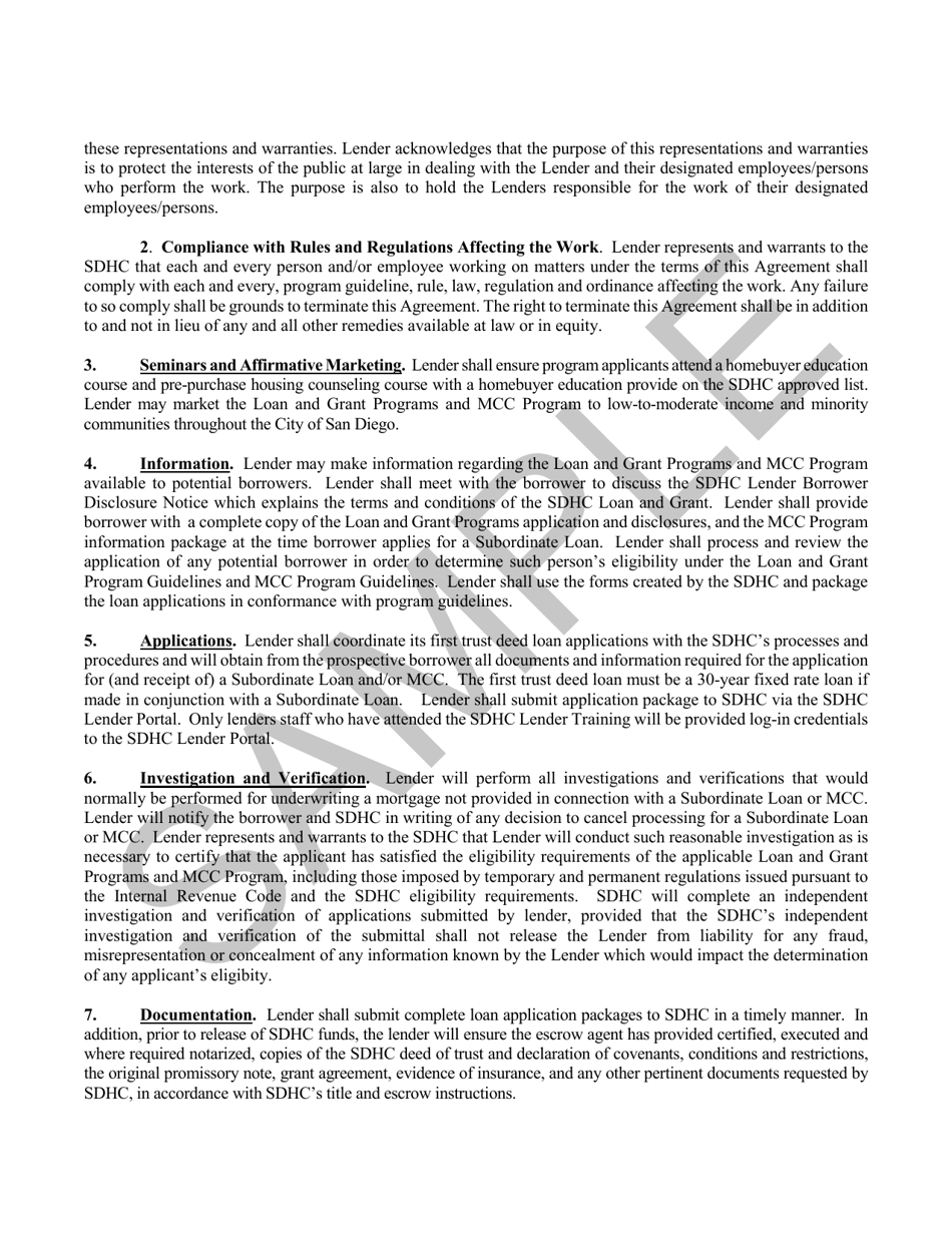 Lender Participation Agreement - Sample - City of San Diego, California, Page 2