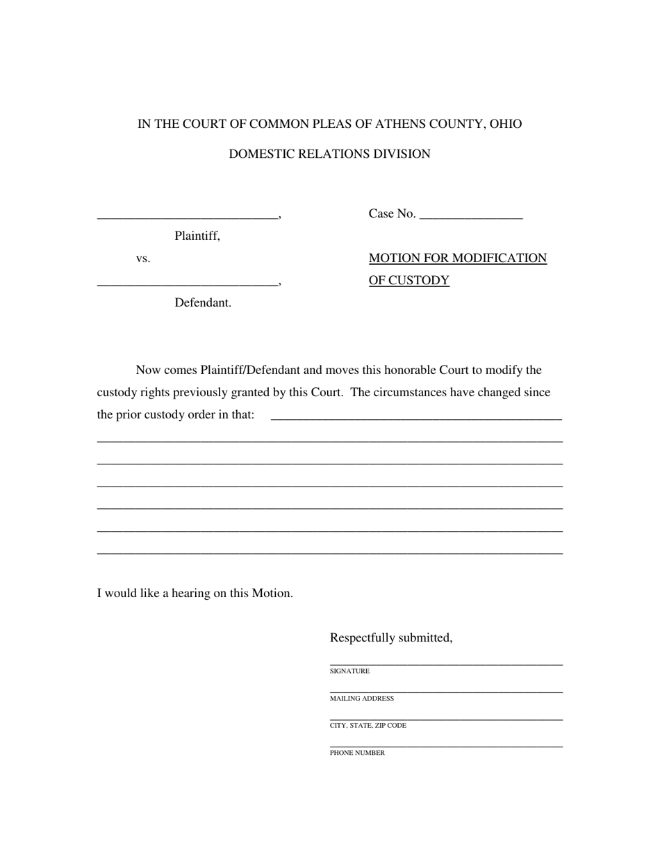 Form 2B-PSMMC Motion for Modification of Custody - Athens County, Ohio, Page 1