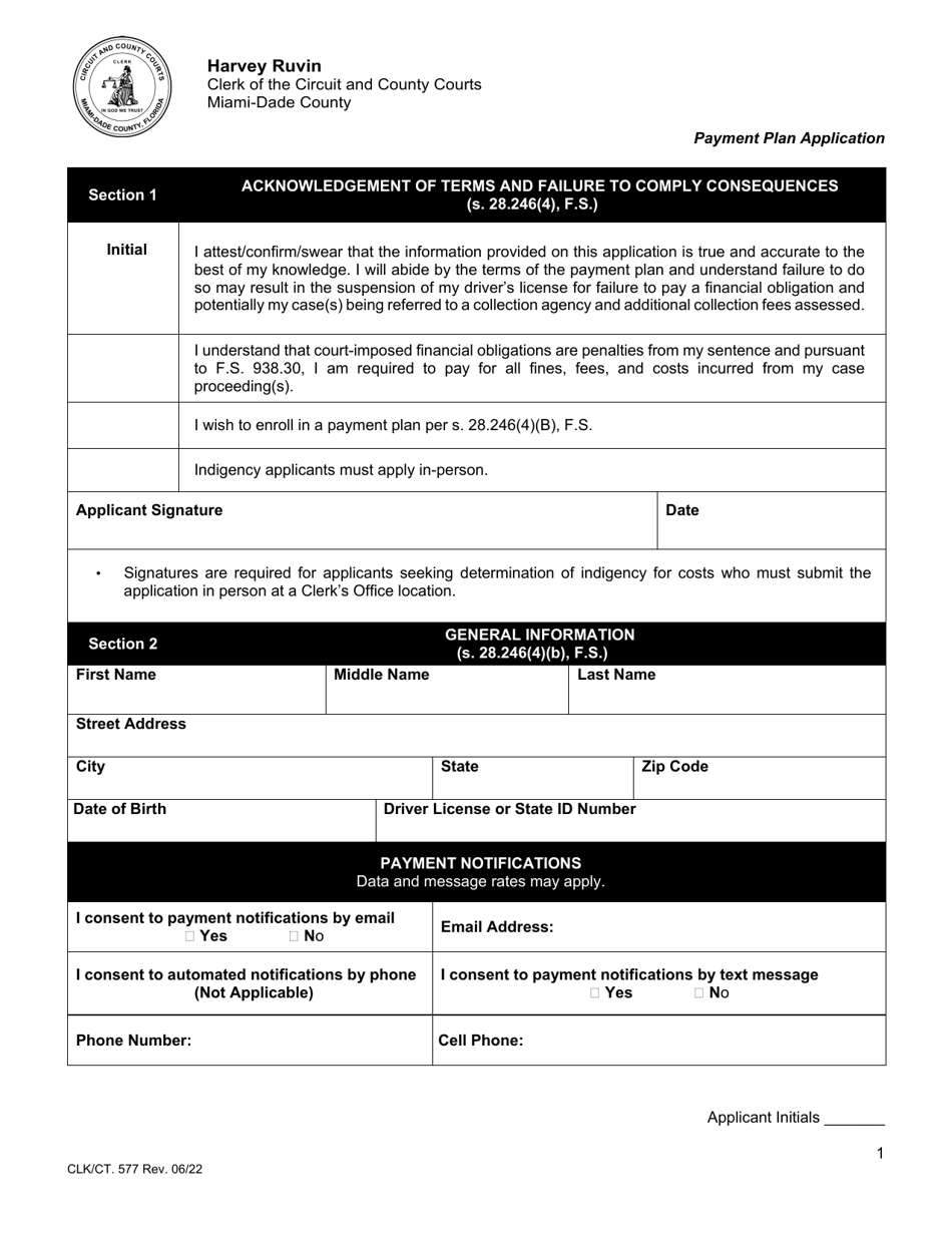 Form CLK / CT.577 Payment Plan Application - Miami-Dade County, Florida, Page 1