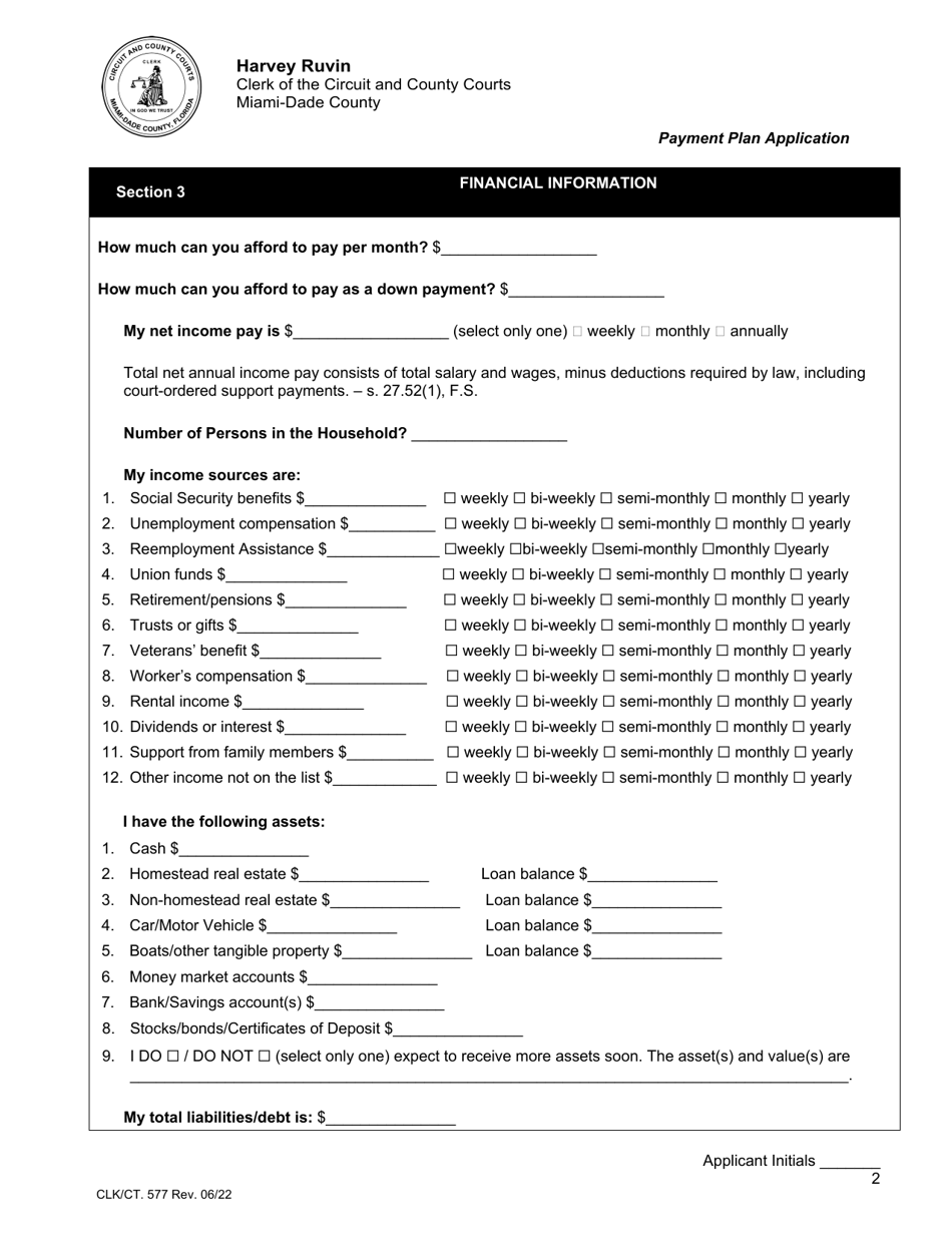 Form CLK / CT.577 Payment Plan Application - Miami-Dade County, Florida, Page 2