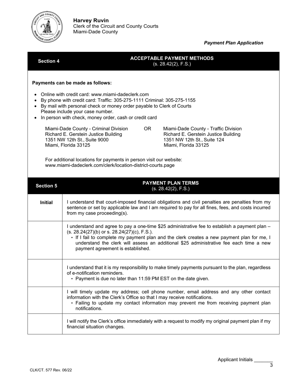 Form CLK / CT.577 Payment Plan Application - Miami-Dade County, Florida, Page 3