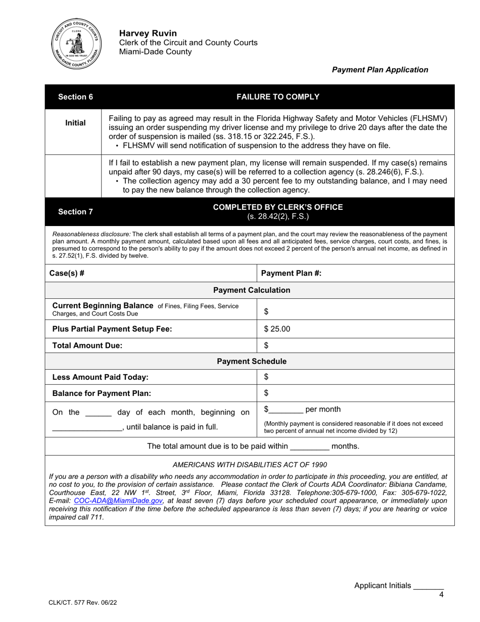 Form CLK / CT.577 Payment Plan Application - Miami-Dade County, Florida, Page 4
