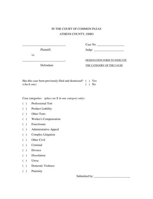 Designation Form to Indicate the Category of the Cause - Athens County, Ohio Download Pdf