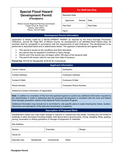 Special Flood Hazard Development Permit (Floodplain) - Athens County, Ohio Download Pdf