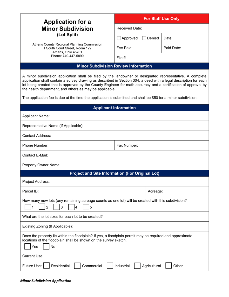Application for a Minor Subdivision (Lot Split) - Athens County, Ohio, Page 1