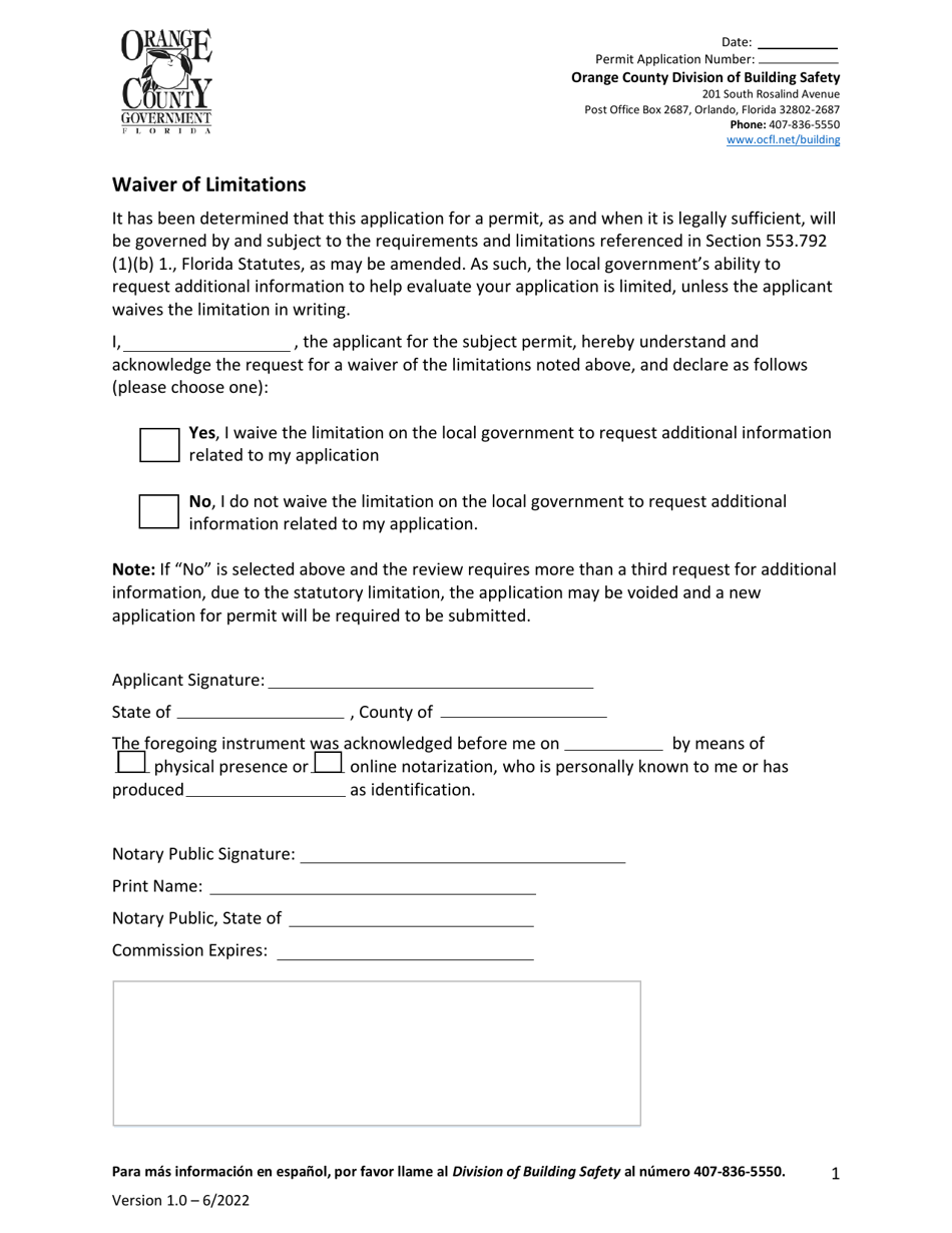 Waiver of Limitations - Orange County, Florida, Page 1