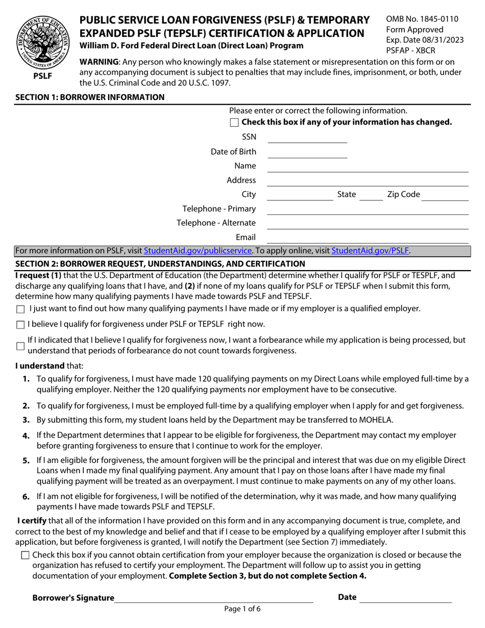 Public Service Loan Forgiveness (Pslf)  Temporary Expanded Pslf (Tepslf) Certification  Application - William D. Ford Federal Direct Loan (Direct Loan) Program, Page 1