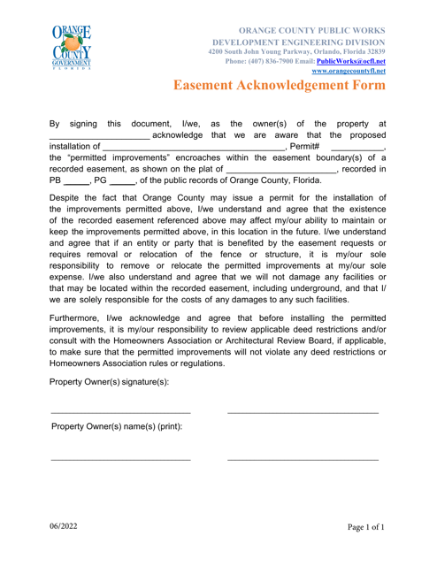 Easement Acknowledgement Form - Orange County, Florida Download Pdf