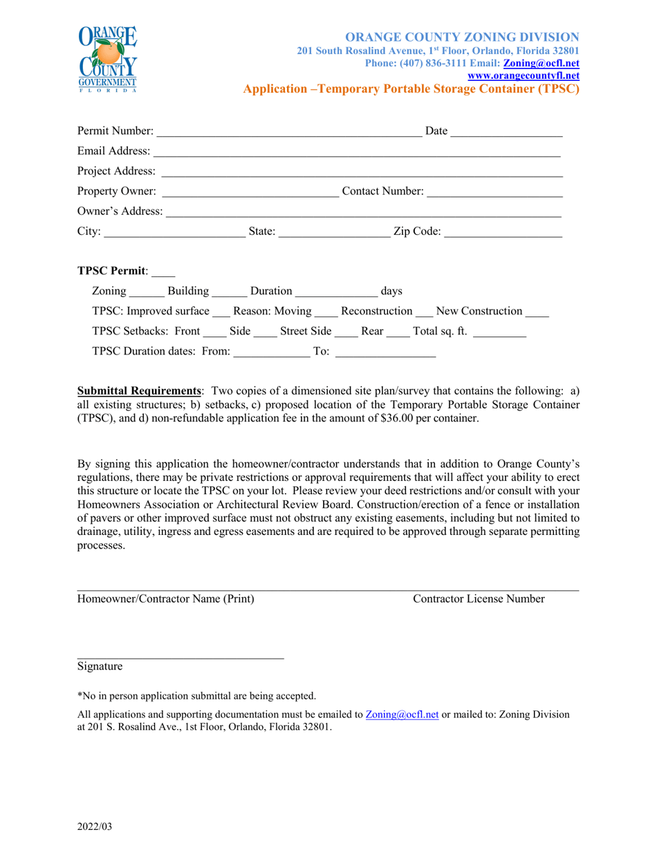 Application - Temporary Portable Storage Container (Tpsc) - Orange County, Florida, Page 1