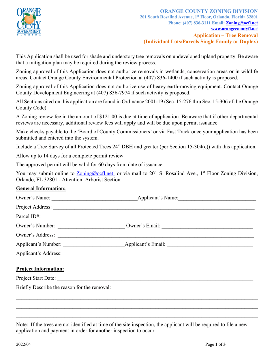 Orange County, Florida Application Tree Removal (Individual Lots