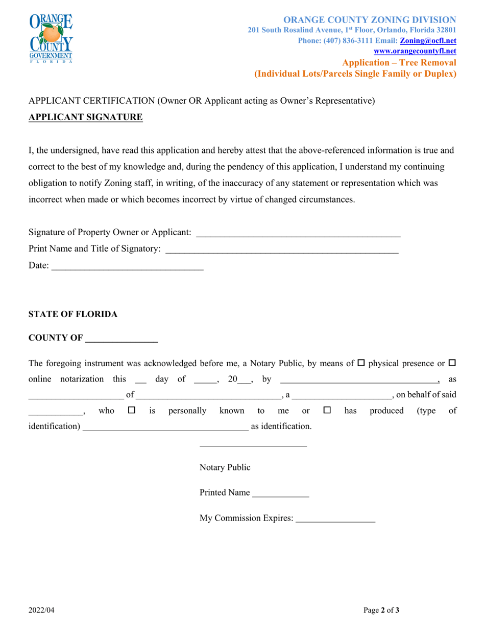 Application - Tree Removal (Individual Lots / Parcels Single Family or Duplex) - Orange County, Florida, Page 2