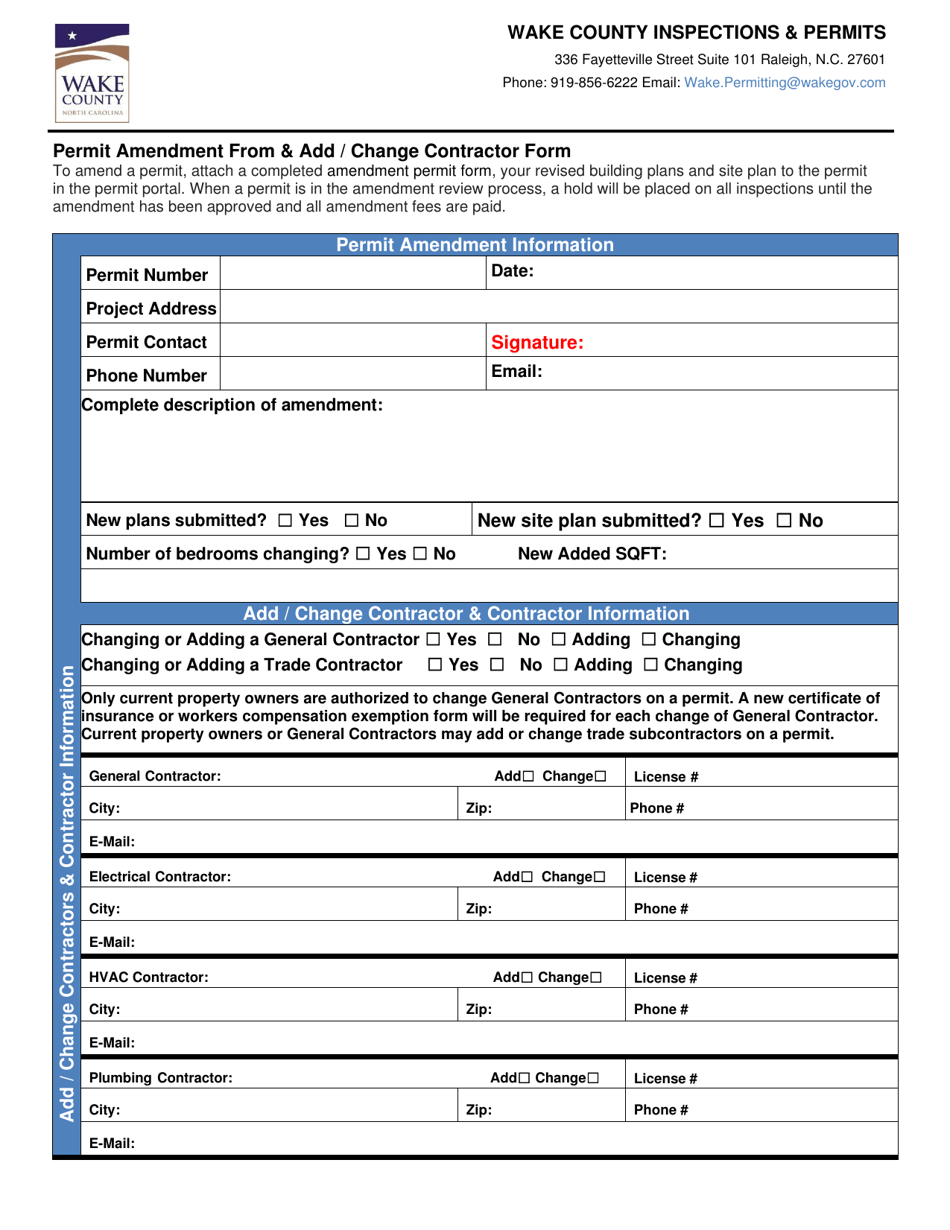 Permit Amendment From  Add/Change Contractor Form - Wake County, North Carolina, Page 1