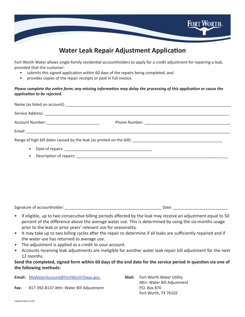 Water Leak Repair Adjustment Application - City of Fort Worth, Texas, Page 1