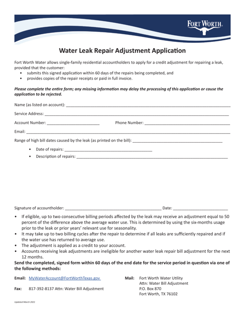 Water Leak Repair Adjustment Application - City of Fort Worth, Texas Download Pdf