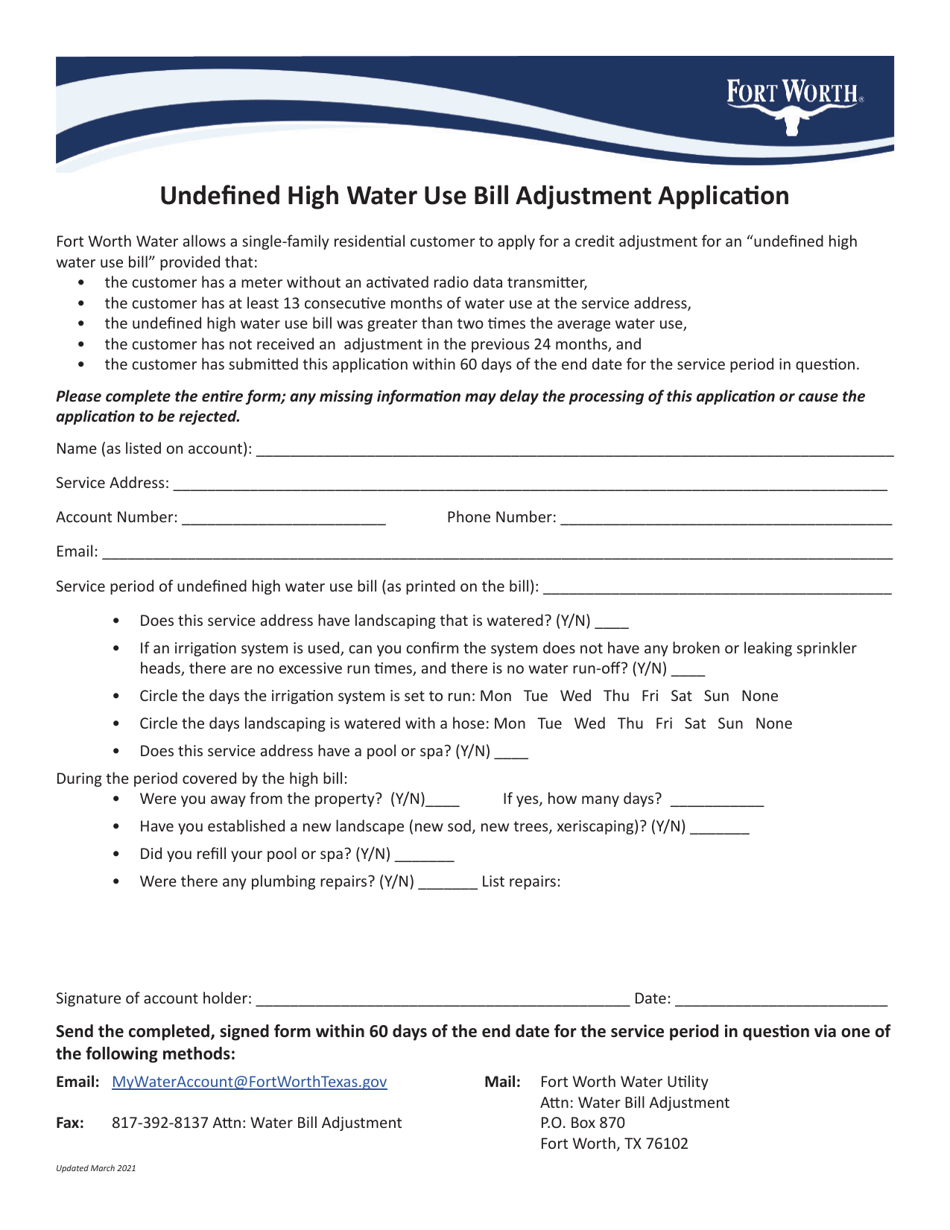 Undefined High Water Use Bill Adjustment Application - City of Fort Worth, Texas, Page 1