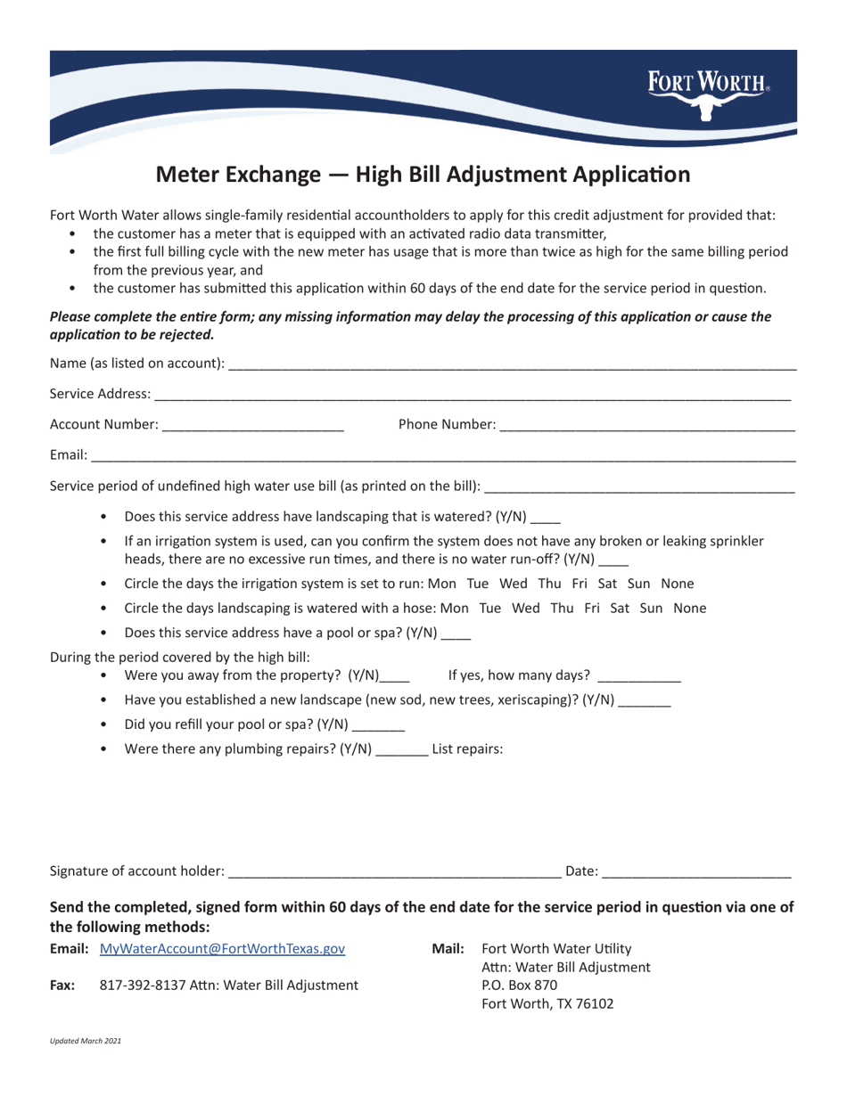 Meter Exchange - High Bill Adjustment Application - City of Fort Worth, Texas, Page 1