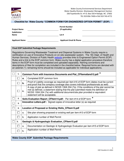 Checklist for Wake County Common Form for Engineered Option Permit (Eop) - Wake County, North Carolina Download Pdf