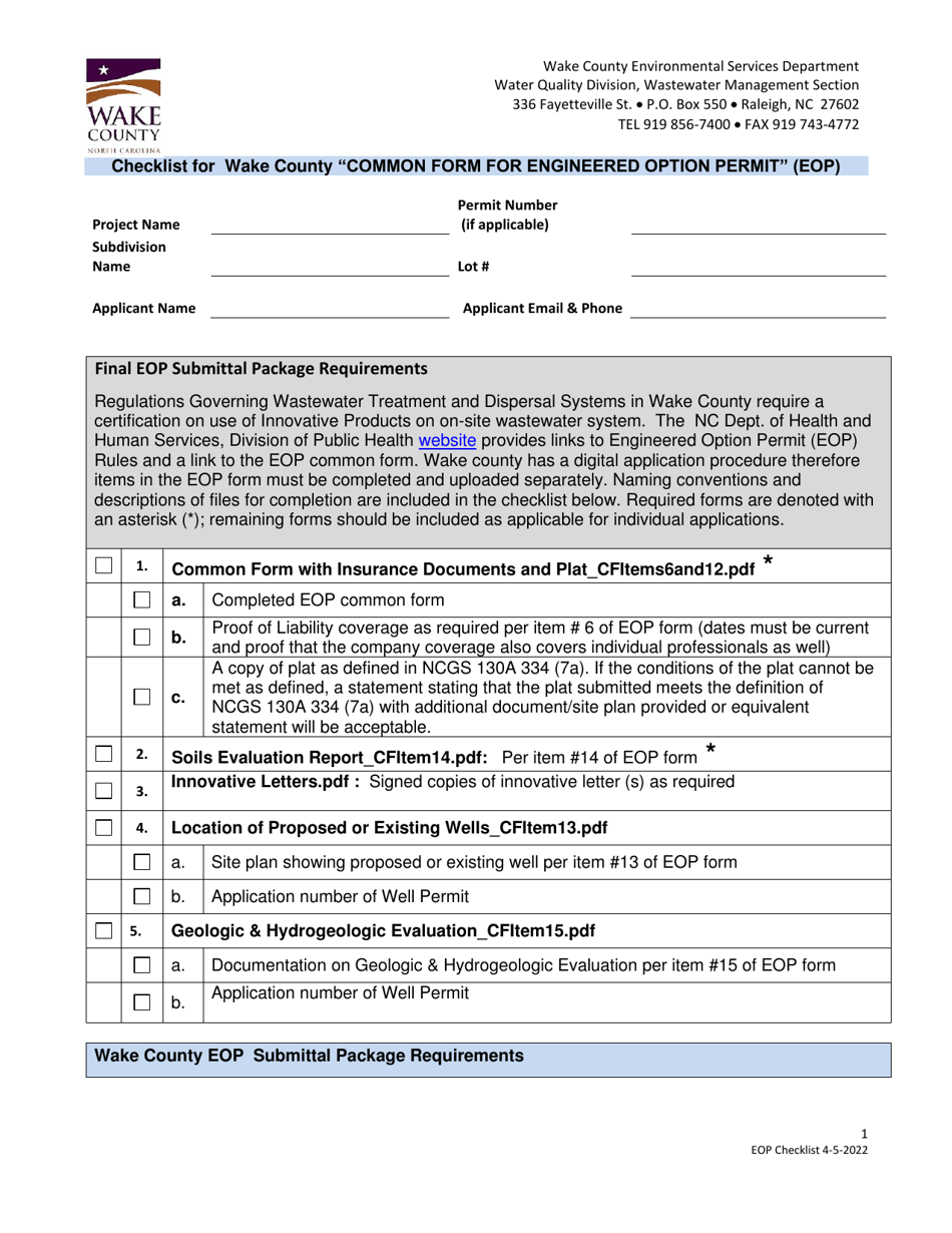 Checklist for Wake County Common Form for Engineered Option Permit (Eop) - Wake County, North Carolina, Page 1