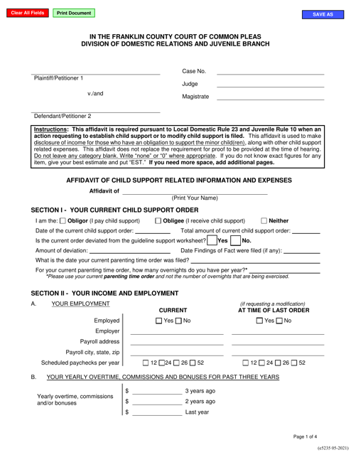 Form E5235 Affidavit of Child Support Related Information and Expenses - Franklin County, Ohio