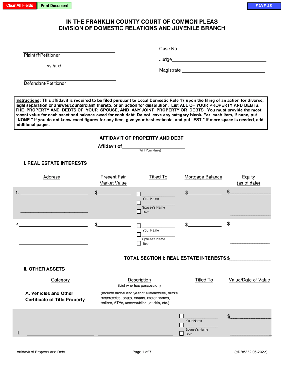 Form eDR5222 Affidavit of Property and Debt - Franklin County, Ohio, Page 1