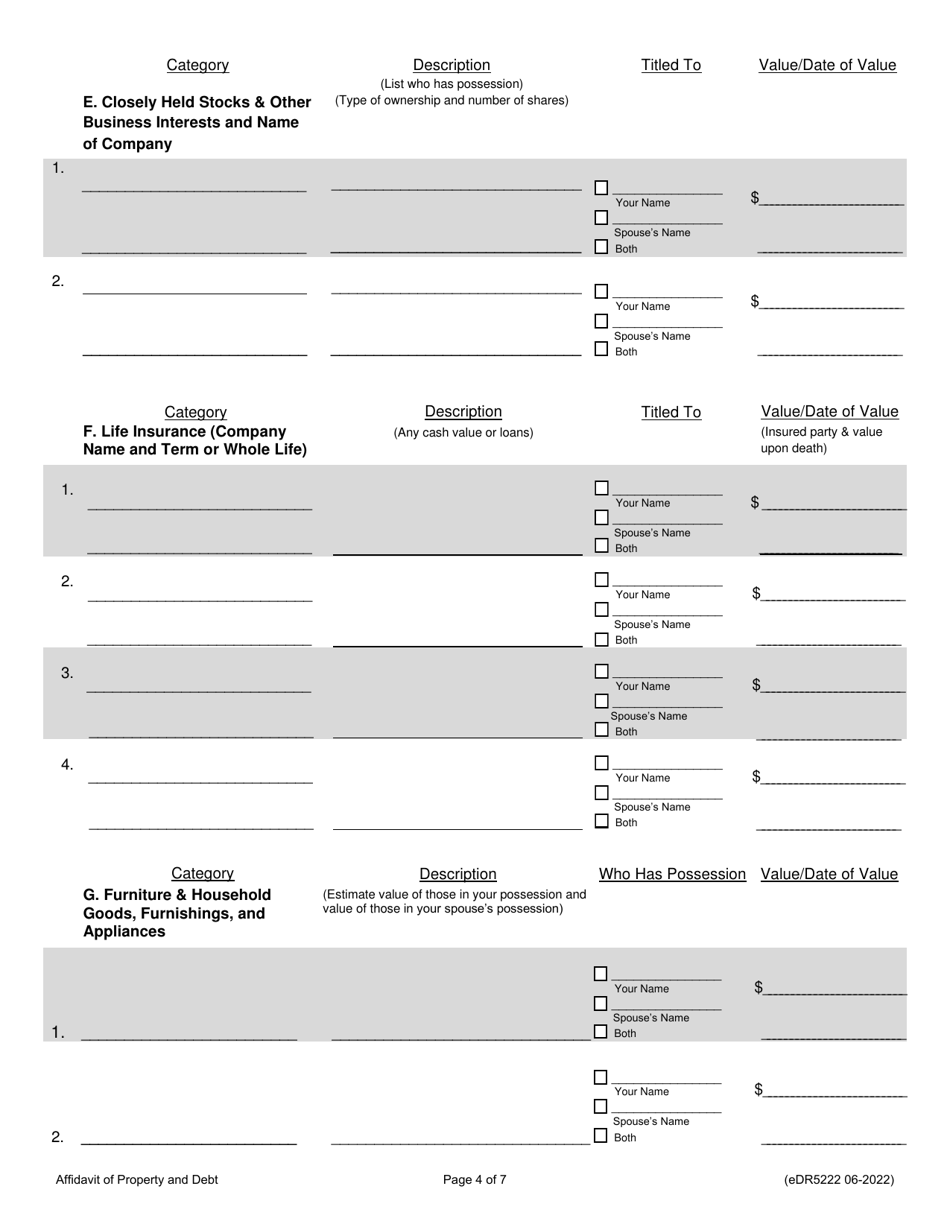 Form eDR5222 Affidavit of Property and Debt - Franklin County, Ohio, Page 4