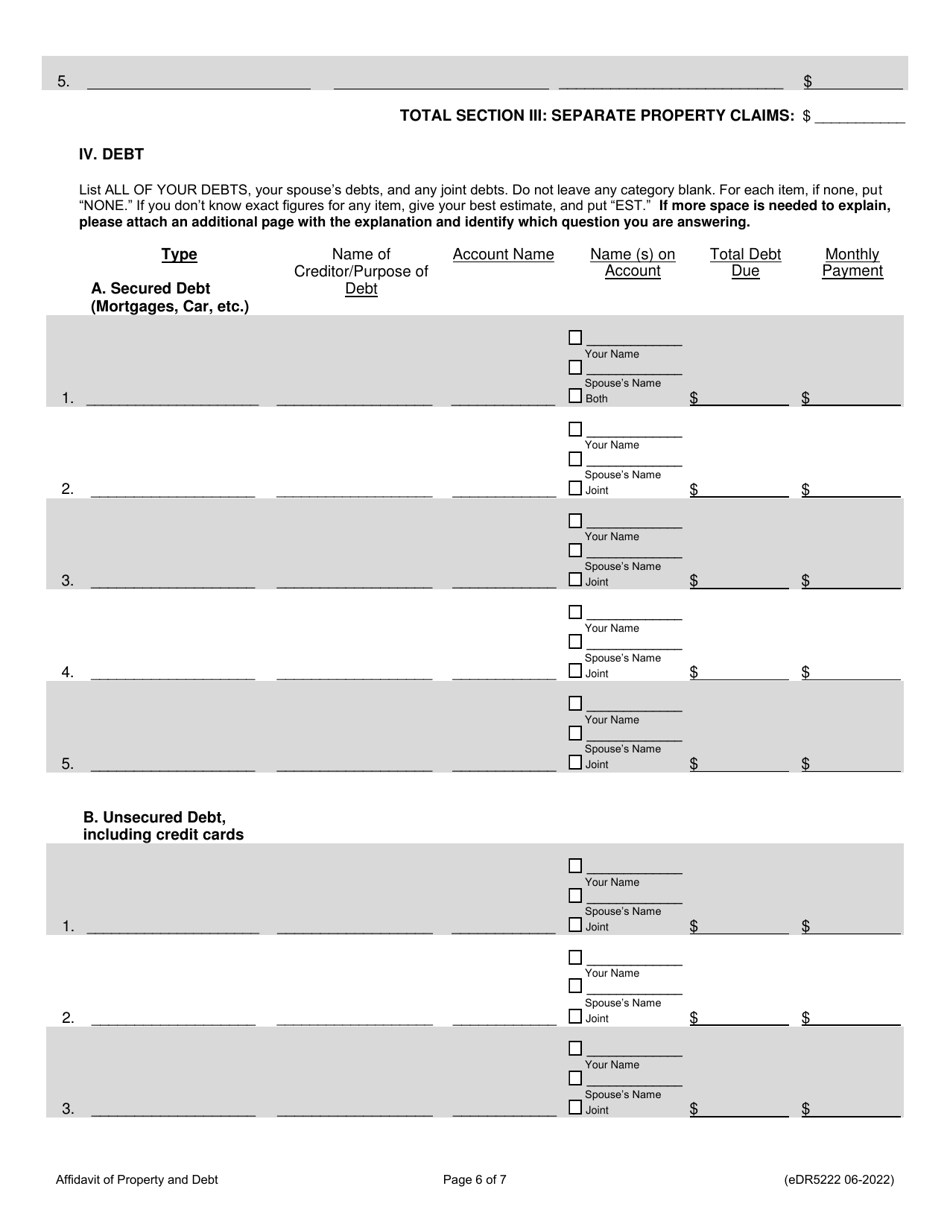 Form eDR5222 Affidavit of Property and Debt - Franklin County, Ohio, Page 6