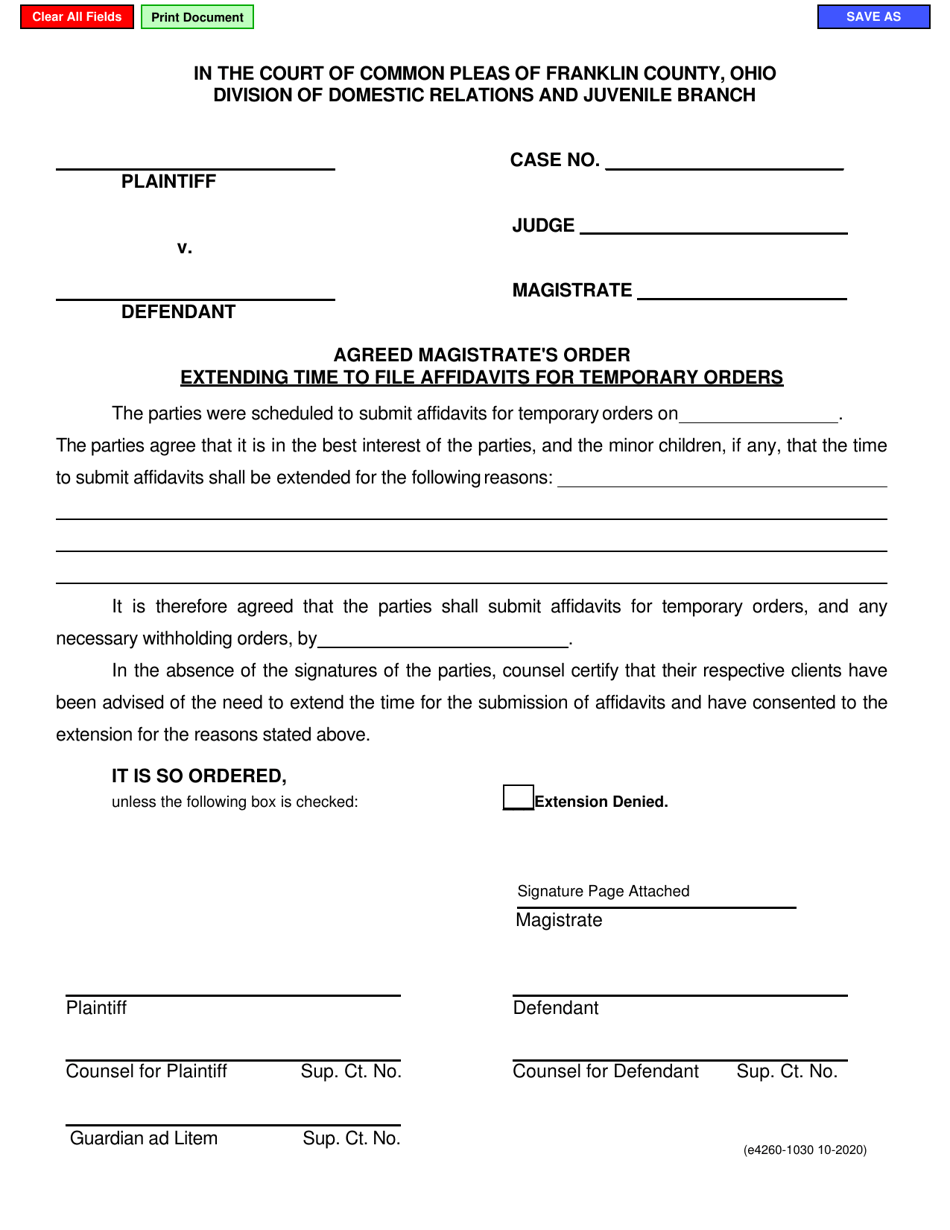 Form E4260-1030 Agreed Magistrates Order Extending Time to File Affidavits for Temporary Orders - Franklin County, Ohio, Page 1