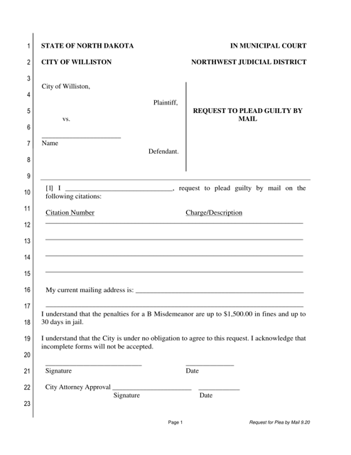 Request to Plead Guilty by Mail - City of Williston, North Dakota Download Pdf