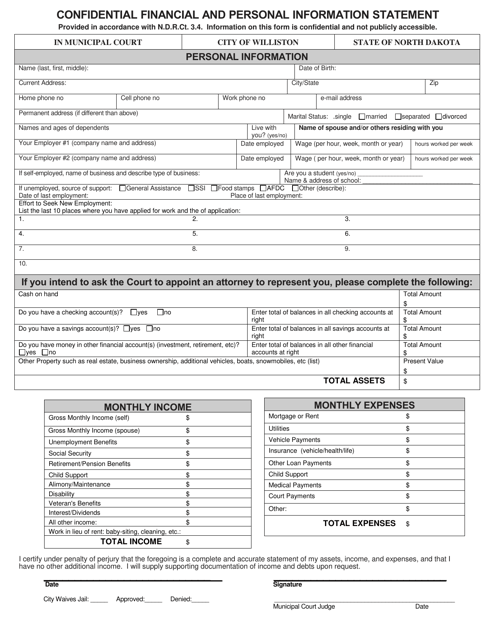 Confidential Financial and Personal Information Statement - City of Williston, North Dakota Download Pdf